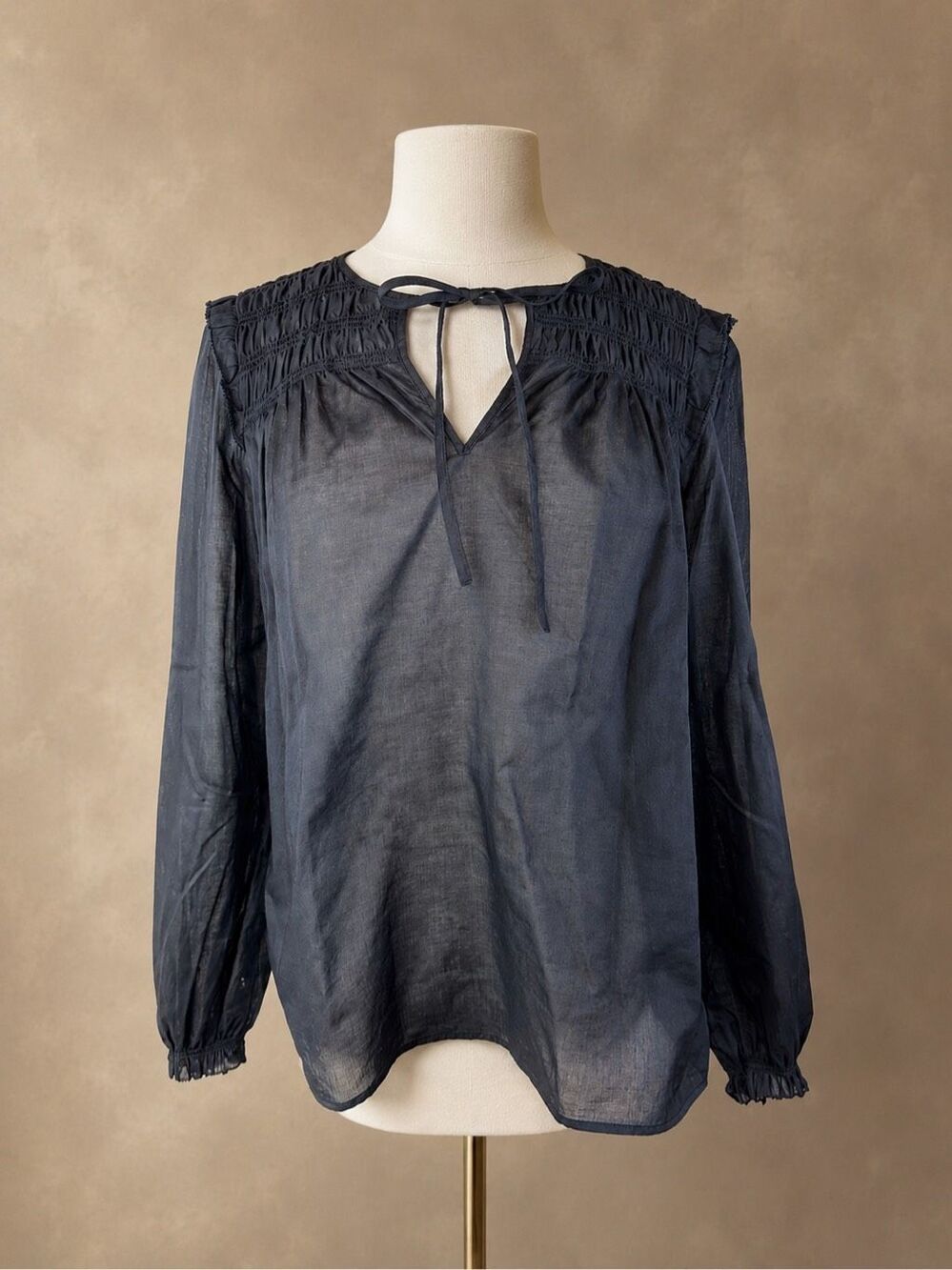 UNIQLO S Light Cotton Shirring Blouse Black Sheer Tie Neck Oversized